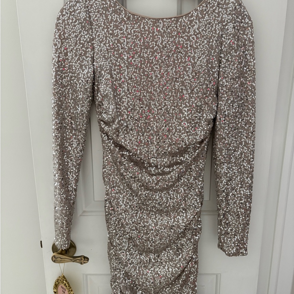 Aidan Mattox Silver Sequin Long Sleeve Dress